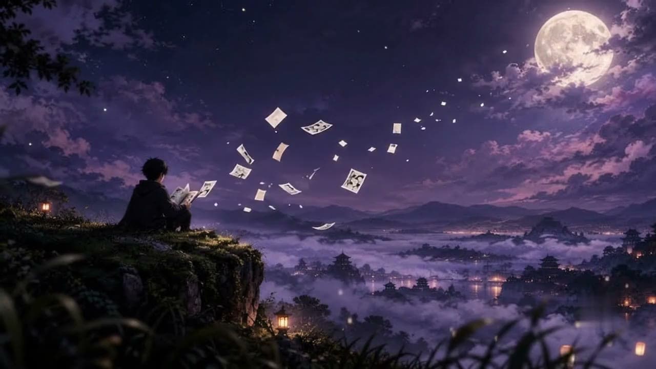 A young reader sits on a mossy cliff at night, reading a manga volume. Pages drift up toward a full moon over a misty valley of lanterns and pagodas.
